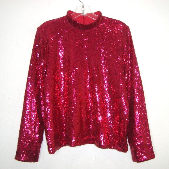 ELOQUII Bright Red Sequined Mock Neck Long Sleeve Blouse Top - Picture 1 of 10